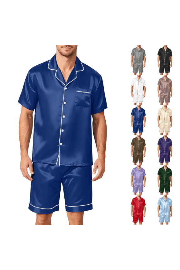 Mens Satin Silk Pajamas Sets Short Sleeve Button-Down Sleepwear Two Piece Loungewear with Pockets Dark Blue L