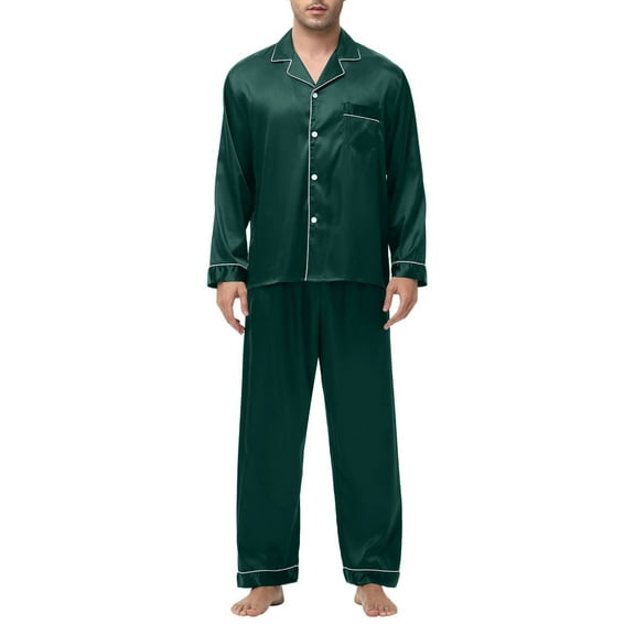 Mens Satin Silky Pajama Set Long Sleeve Classic Sleepwear Button Down Shirt Loungewear with Long Pants