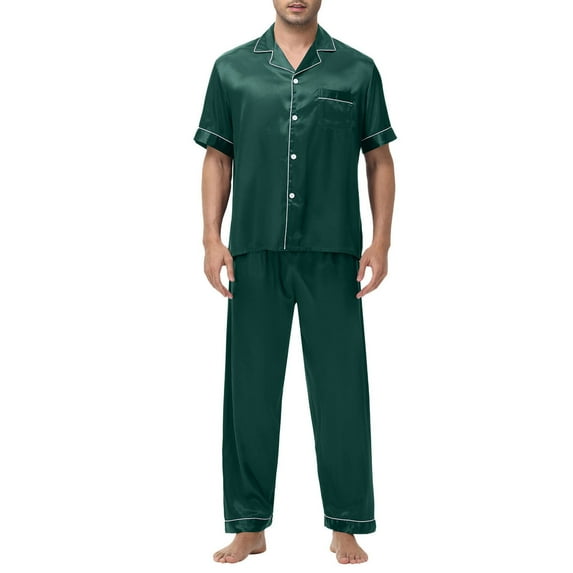 Mens Satin Silky Pajama Set Short Sleeve Classic Sleepwear Button Down Loungewear with Long Pants