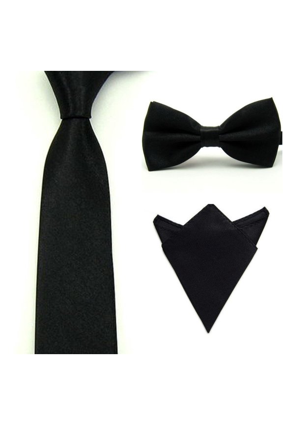 Mens Satin Solid Color Bowtie Bow Tie Necktie Handkerchief Pocket Square Set