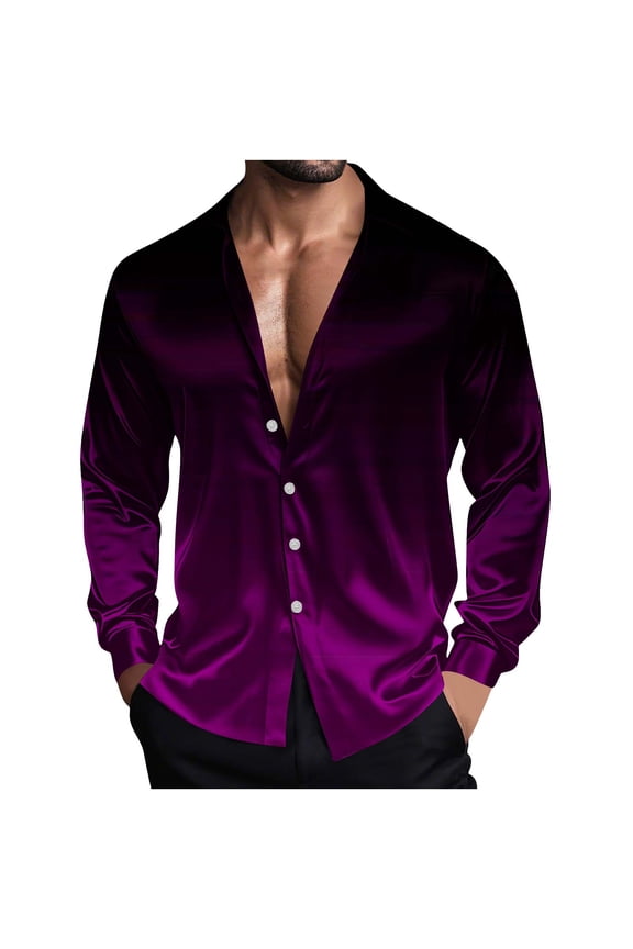 Mens Satin T-Shirts, Long Sleeve Shirts for Men Fall Fashion Big & Tall Ombre Tie Dye Lapel Button Down Dressy Blouses S-5XL