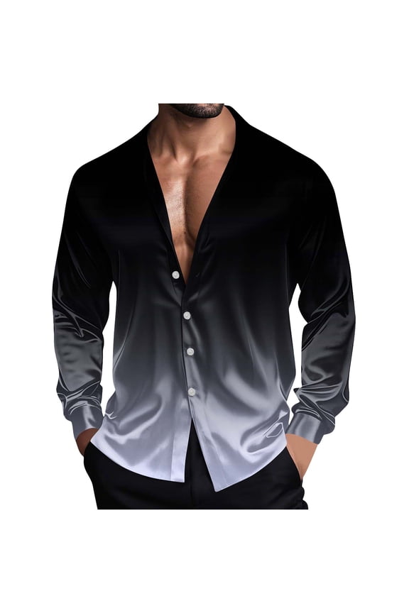 Mens Satin T-Shirts, Long Sleeve Shirts for Men Fall Fashion Big & Tall Ombre Tie Dye Lapel Button Down Dressy Blouses S-5XL