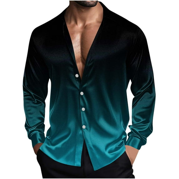 Mens Satin T-Shirts, Long Sleeve Shirts for Men Fall Fashion Big & Tall Ombre Tie Dye Lapel Button Down Dressy Blouses S-5XL