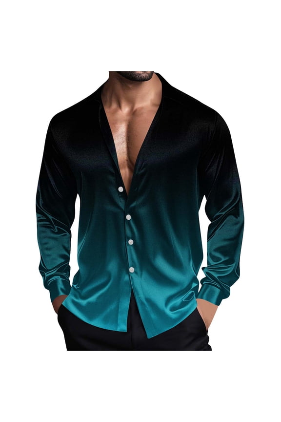 Mens Satin T-Shirts, Long Sleeve Shirts for Men Fall Fashion Big & Tall Ombre Tie Dye Lapel Button Down Dressy Blouses S-5XL