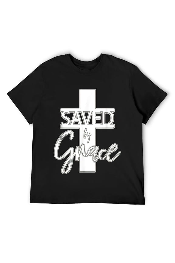 Mens Saved By Grace Cross Religious Biblical Christian Bible T-Shirt Black