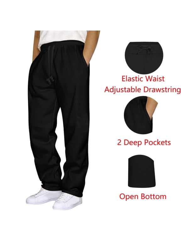 Mens Sweatpants with Pockets Outdoor Running Jogger Pants Elastic Waist Drawstring Workout Casual Sweatpants Open Bottom, Black L