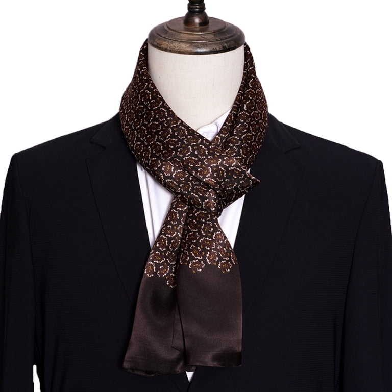 FEIMANYUAN Men's 100% Silk Double Layer Long Neckerchief Cravat - Elegant Geometric Scarf (Black/Blue/Red/Brown)