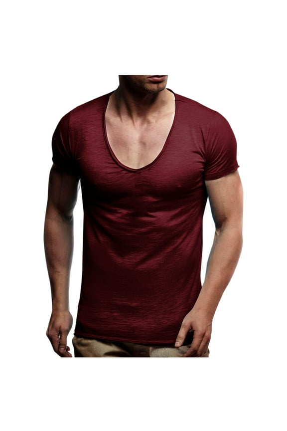 Mens Scoop Neck T-Shirts Casual V Neck Short Sleeve Shirts Casual Workout Muscle Bodybuilding Shirt Summer Quick Dry Tees