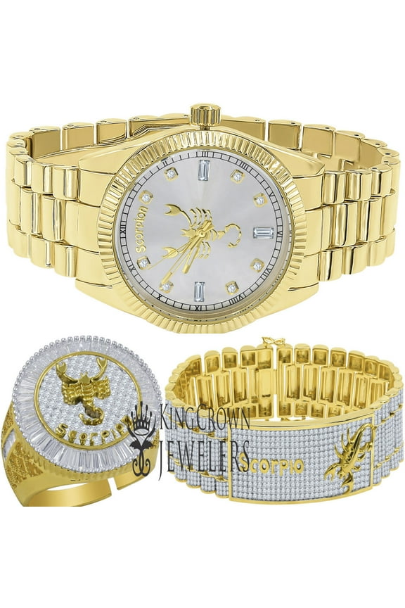 Mens Scorpio Horse Lucky Zodiac Sign 14K Gold Finish Simulated Diamond Custom Watch+Bracelet+Ring 3 Piece Combo Set