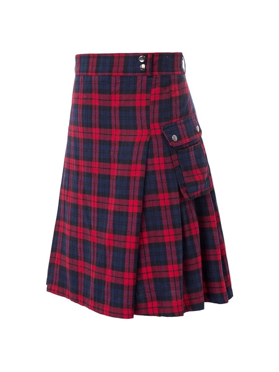 Mens Scottish Tartan Kilts Highlands Casual Skirt Tartan Utility Kilts with Straps and Large Cargo Pockets