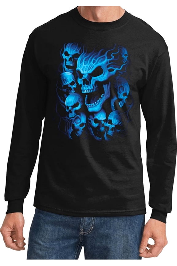 Mens Screaming Blue Skulls Long Sleeve Tee - Black