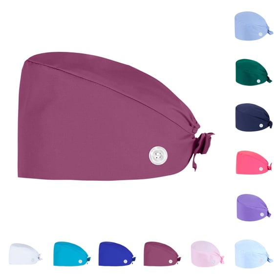 Mens Scrub Caps with Buttons Breathable Working Cap Head Cover Adjustable Tie Back Cap Purple