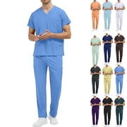 Mens Scrubs Medical Uniform Stretch Scrubs Set Top and Pants