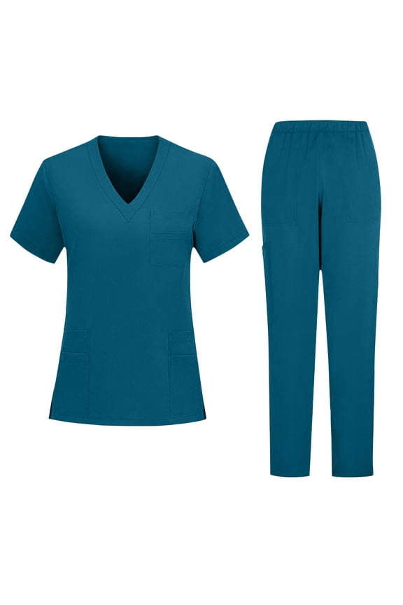 Mens Scrubs Set Comfortable V-Neck Scrub Top & Jogger Pant Stretch Nursing Scrubs Set Quick Dry Medical Working Uniforms with Pockets Blue 2XL