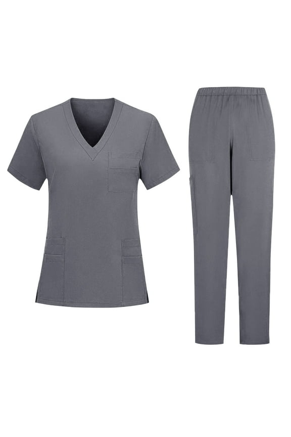 Mens Scrubs Set Comfortable V-Neck Scrub Top & Jogger Scrub Pants Stretch Nursing Scrubs Set Quick Dry Medical Working Uniforms with Multi Pocket for Nurse Esthetician Gray S