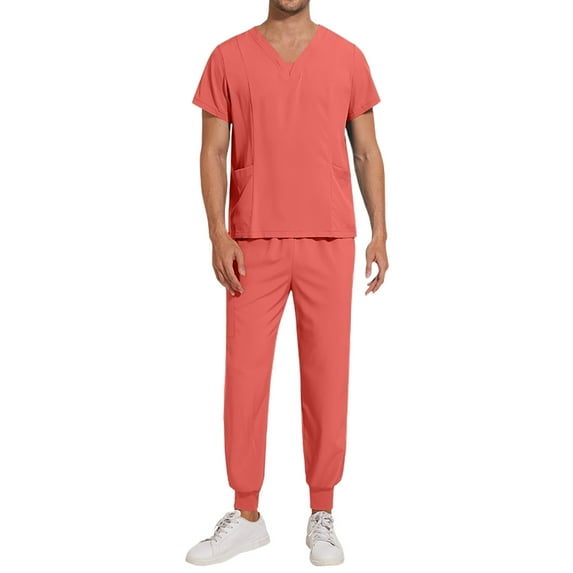 Mens Scrubs Set Spring Summer V-Neck Scrub Top and Jogger Pants Stretch Nursing Workwear Quick Dry Medical Working Uniforms with Multi Pocket for Doctors, Nurses Watermelon Red S