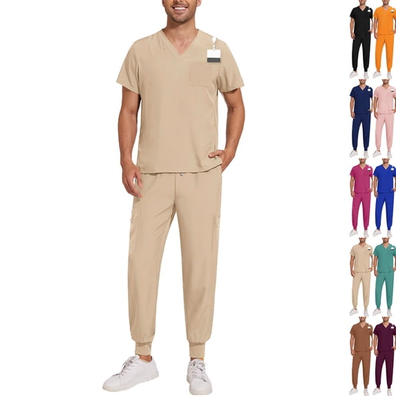 Mens Scrubs Set Stretch V Neck Medical Uniform Scrub Top Jogger Scrub Pants Multi-Pocket Breathable Moisture Wicking Easy Care Nurse Uniform,L,Khaki
