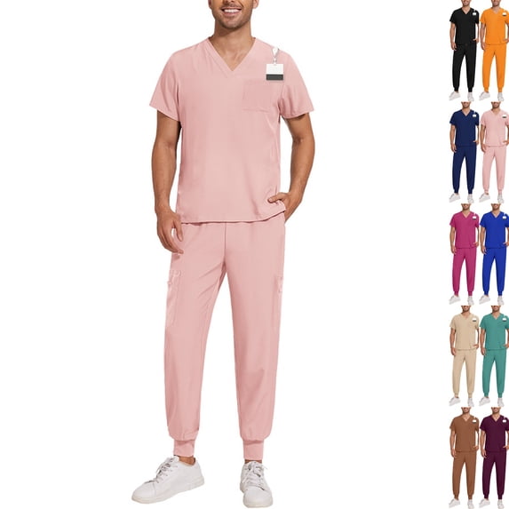 Mens Scrubs Set Stretch V Neck Medical Uniform Scrub Top Jogger Scrub Pants Multi-Pocket Breathable Moisture Wicking Easy Care Nurse Uniform,M,Pink