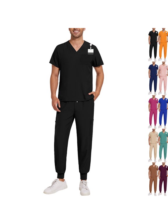 Mens Scrubs Set Stretch V Neck Medical Uniform Scrub Top Jogger Scrub Pants Multi-Pocket Breathable Moisture Wicking Easy Care Nurse Uniform,XXL,Black