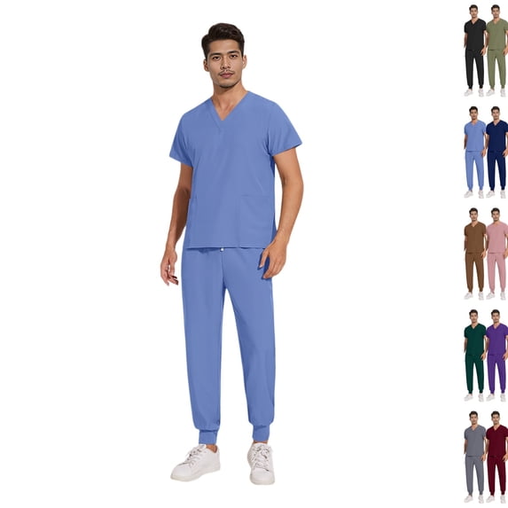 Mens Scrubs Set Stretch V Neck Medical Uniform Short Sleeve Top Jogger Pants Multi Pocket Nurse Workwear Easy Care Healthcare Uniform,M,Blue