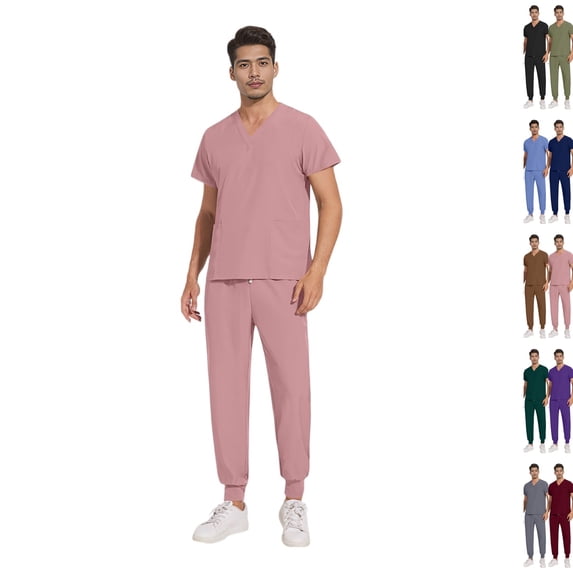 Mens Scrubs Set Stretch V Neck Medical Uniform Short Sleeve Top Jogger Pants Multi Pocket Nurse Workwear Easy Care Healthcare Uniform,S,Pink