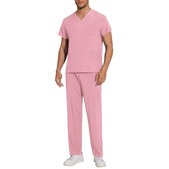Mens Scrubs Sets Scrub Uniform 2 Piece V-Neck Short sleeve Soild Color Pullover Tops & Straight Leg Pants with Pockets Cool Stretch Nurse Workwear Uniformes Medical Nursing Outfits Clothing