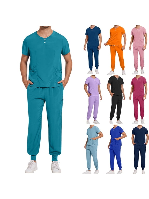 Mens Scrubs Sets V Neck Short Sleeve Scrub Top and Jogger Pants, 11 Pockets, Water-Resistant, Easy Care, Workday Storage, For Nurses, Clinics, Long Shifts, Daily Uniforms, Shift Wear