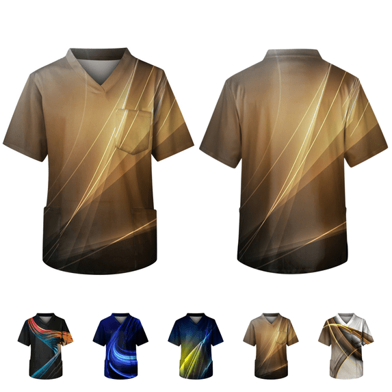 Mens Scrubs Shirts Fit Gradient Color Tops V-Neck Short Sleeve Nursing Uniform Shirt Casual Funny Medical Workwear with 3 Pockes Gold 4XL