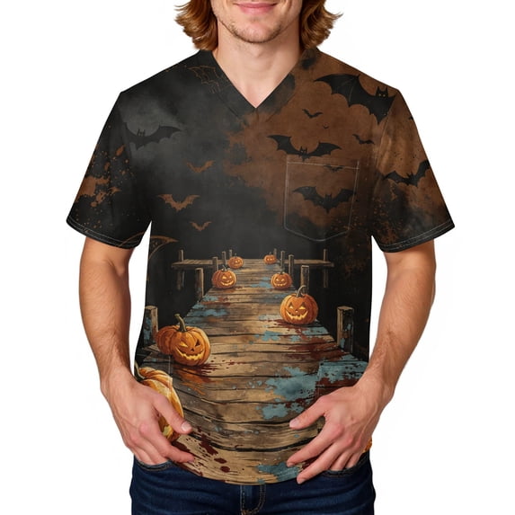Mens Scrubs V-Neck Halloween Scrub Top, Premium, Short Sleeve