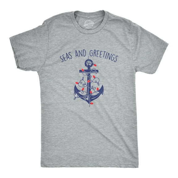 Mens Seas and Greetings T Shirt Funny Xmas Lights Sailing Anchor Joke Tee for Guys Graphic Tees