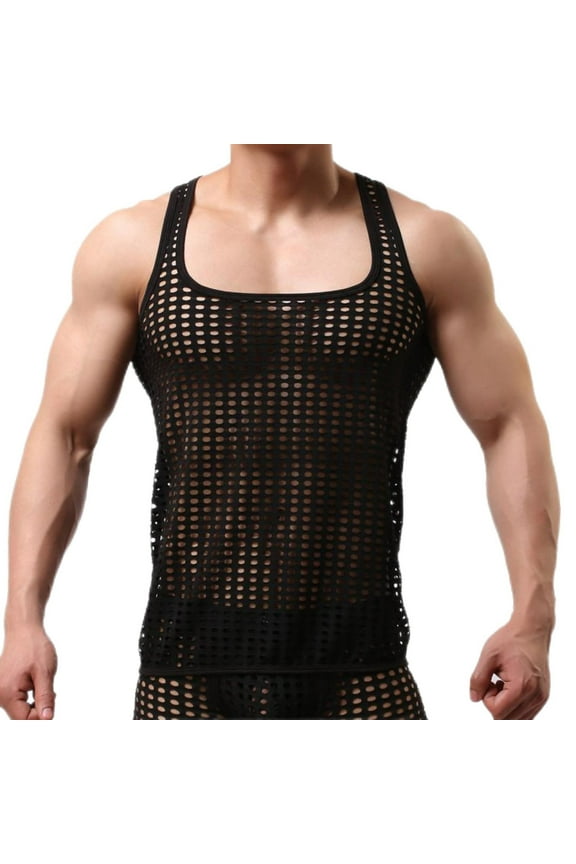 Mens See Through Vest Sleeveless Hollow Out Muscle Sexy Tank Tops Transparent Underwear