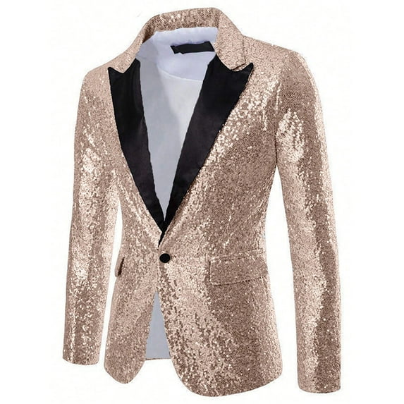 Mens Sequin Blazer Casual Solid Color Sparkle Turndown Collar Suit Jacket Shiny Celebration Fashion Party Coat Beige L