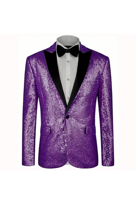 Mens Sequin Blazer Slim Fit Solid Color Long Sleeve One Button Jacket Dinner Party Wedding Blazer Suit Jacket