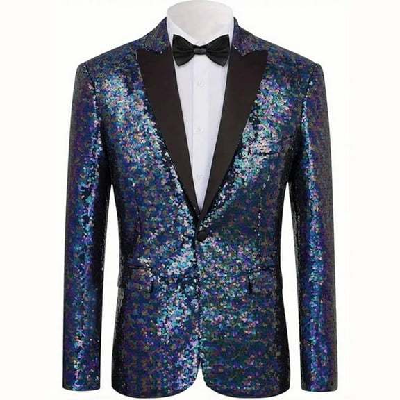 Mens Sequin Blazer Slim Fit Solid Color Long Sleeve One Button Jacket Dinner Party Wedding Blazer Suit Jacket