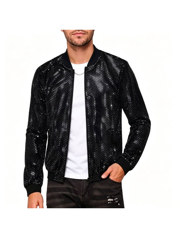 Mens Sequin Bomber Jacket DJ Zip Up Sparkly 70s Disco Club Party Dance Varsity Jacket Baseball Jackets