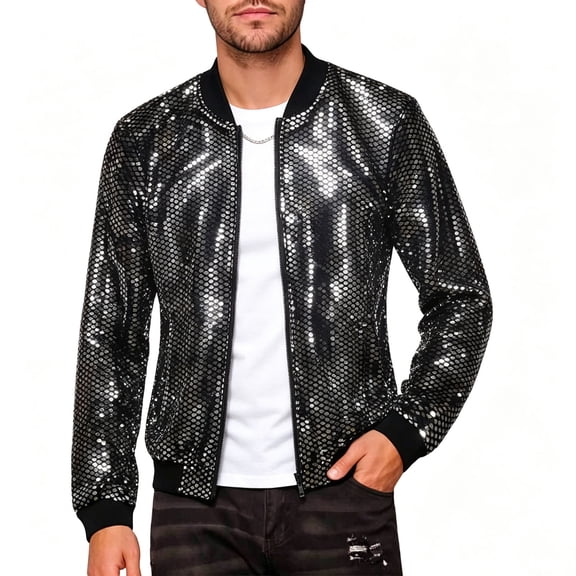 Mens Sequin Bomber Jacket DJ Zip Up Sparkly 70s Disco Club Party Dance Varsity Jacket Baseball Jackets