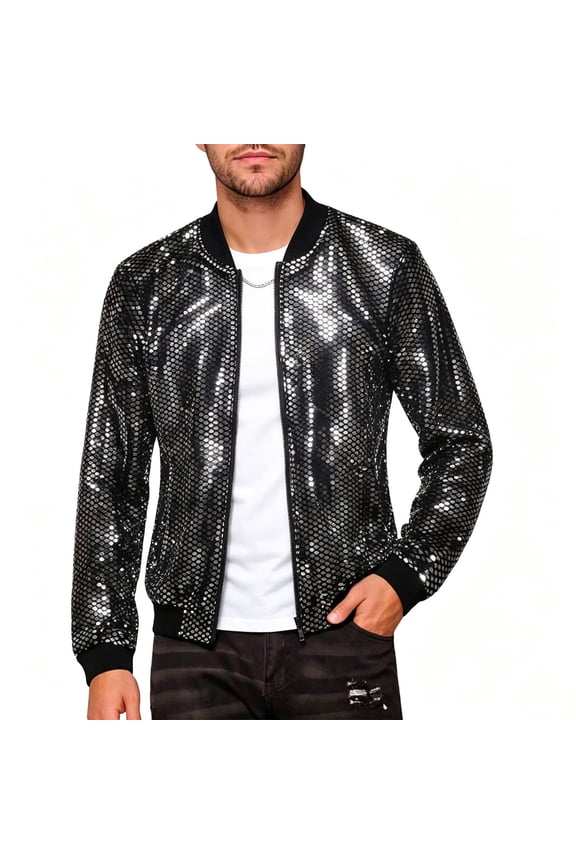 Mens Sequin Bomber Jacket DJ Zip Up Sparkly 70s Disco Club Party Dance Varsity Jacket Baseball Jackets