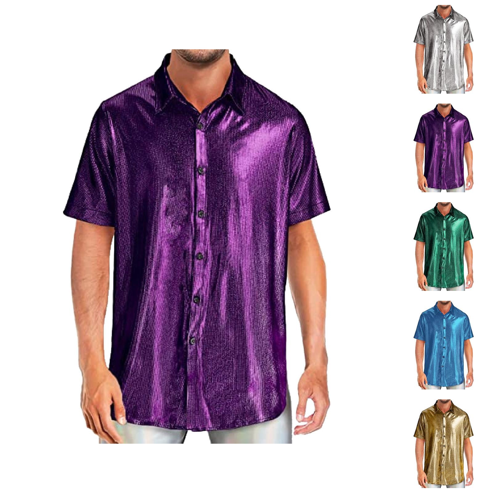 Mens Sequin Shirt Short Sleeve Button Down Collared Sparkly Shirt