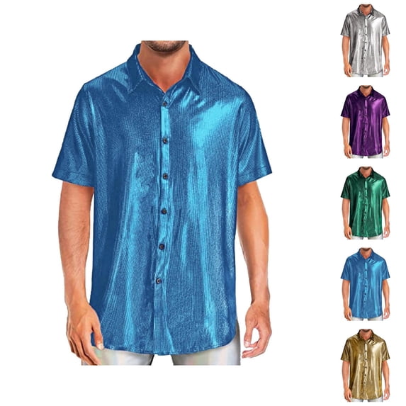 Mens Sequin Shirt Short Sleeve Button Down Collared Sparkly Shirt Shiny Metallic Tshirts 70s Disco Nightclub Party