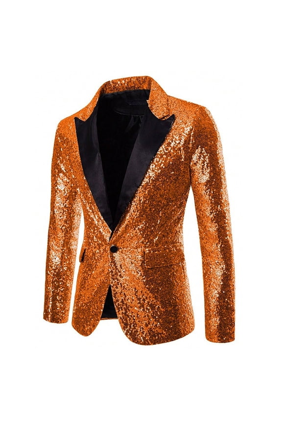Mens Sequin Suit Jacket Paisley Tuxedo Blazer Slim Fit Sport Coat for Prom, Party, Wedding, or Casual Orange L