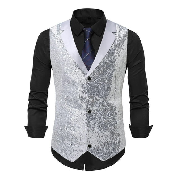 Mens Sequin Vest Party Formal V-Neck Shiny Waistcoat Bowtie Set For Wedding Events Mardi Gras St Patricks Day Carnival Silver Xl