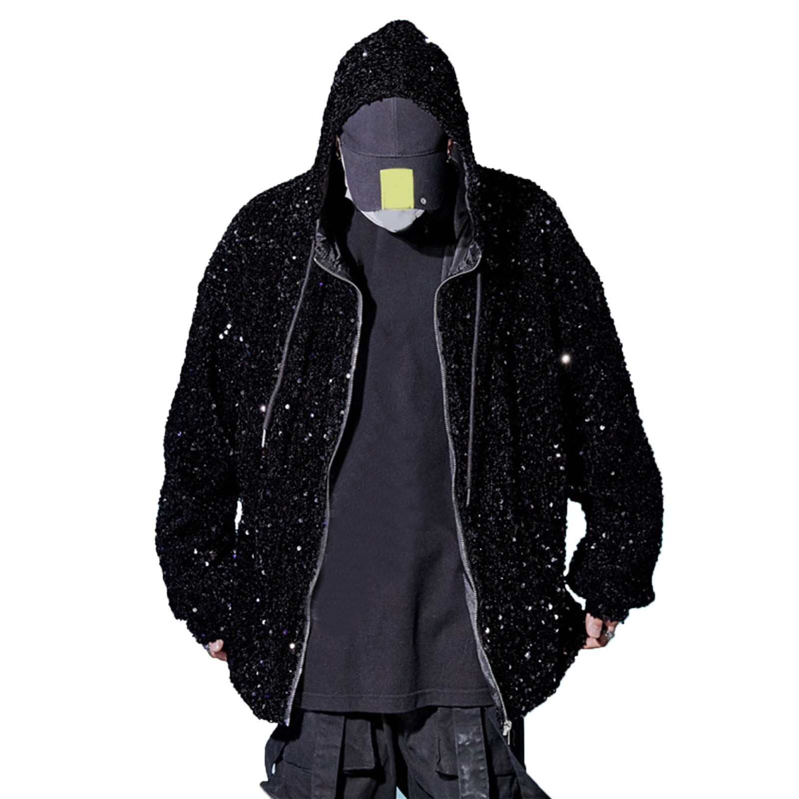 Mens Sequined Foxy Grandpa Sweater Casual Hooded Jacket Hooded Cardigan