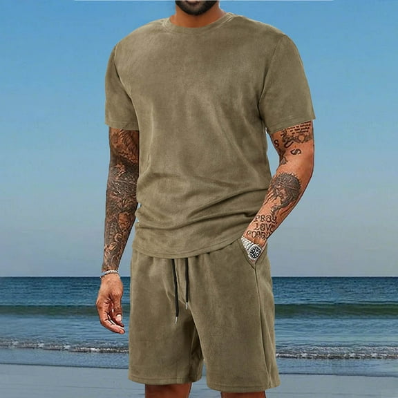 Mens Sets 2 Piece Outfits Men Short Sets Outfits 2 Piece Set for Men Men 2 Piece Short Set Mens Summer Outfits Summer Sets Two Piece Set Leisure Solid Color Pocket Short Sleeve Elasticity Shorts Set