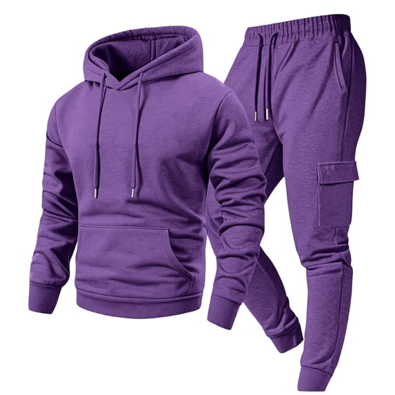 Mens Sets Set Sweatsuits Long Sleeve Drawstring Hooded Sweatshirt and Elastic Waist Cargo Tapered Joggers Set with Pockets Solid Color Sets Set Athletic Winter Jogging Workout Suits,Purple L