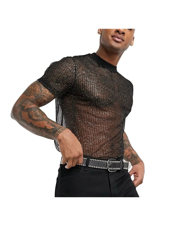 Mens Sexy Glitter Shirt Top See Through Lace Short Sleeve T-Shirt Sheer Mesh Undershirts to Show Muscle Black L