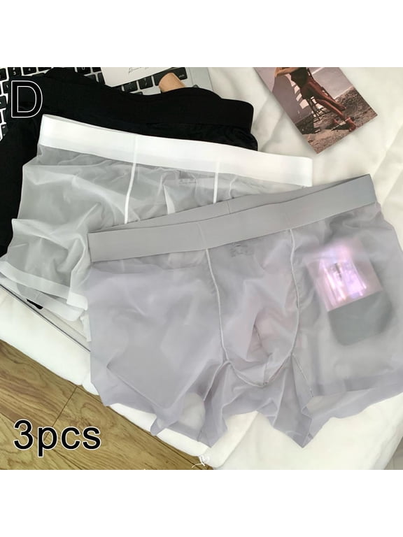 Mens Sexy Sheer Boxer Briefs Seamless See-through Ice Silk Underwear, for Pairing with Various Outfits, Black White Gray