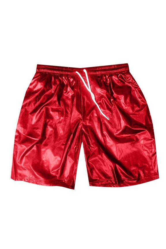 Mens Sexy Shorts Metallic Shiny Sparkly Hot Drawstring Short Pants With Pockets (Red, M)