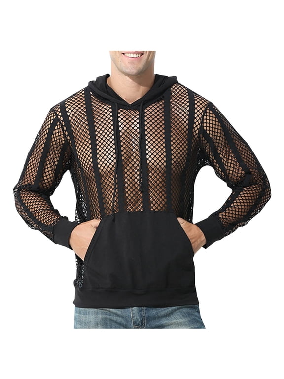 Mens Sexy Stripe Fishnet Hoodies Pullover See Through Mesh Hollow Out Blouse Solid Color Breathable Top