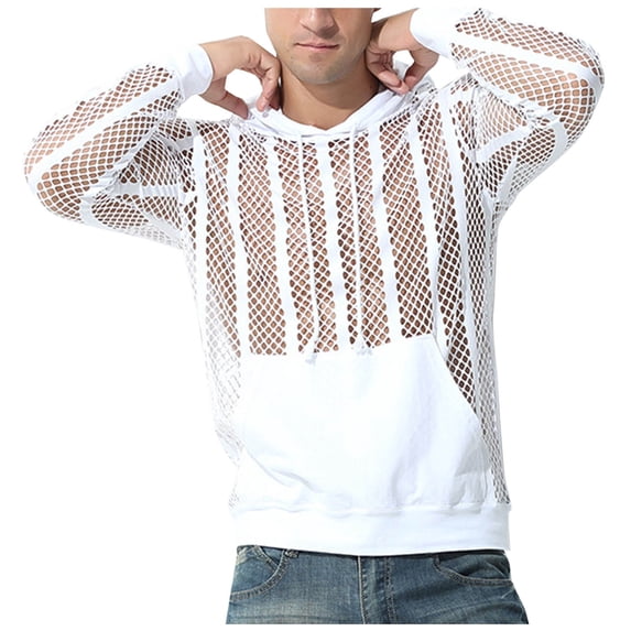 Mens Sexy Stripe Fishnet Hoodies Pullover See Through Mesh Hollow Out Blouse Solid Color Breathable Top