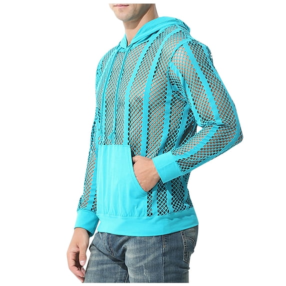 Mens Sexy Stripe Fishnet Hoodies Pullover See Through Mesh Hollow Out Blouse Solid Color Breathable Top